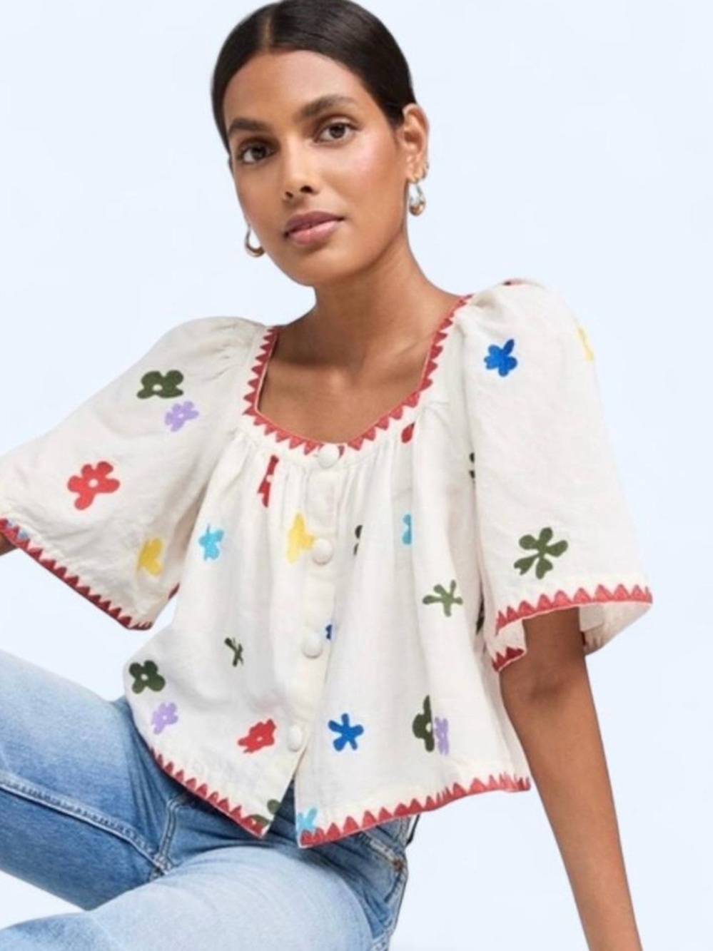 CAROLINE CONSTAS Floral Embroidered Poplin Top Bohemian Resort Size M - Picture 1 of 5